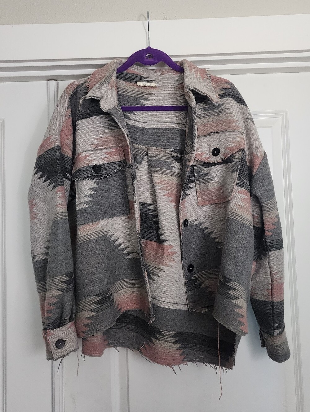La Miel Aztec Pattern Button-Front Jacket - Gray & Pink